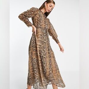 Mango MNG Chiffon Snake Print Long Sleeve Faux-Wrap Midi Dress Sz S